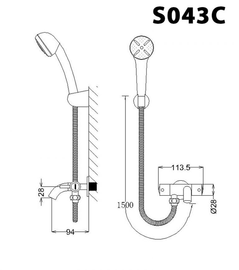 s043c-bvkt Bản vẽ kỹ thuật vòi sen tắm gắn tường nóng lạnh CAESAR S043C